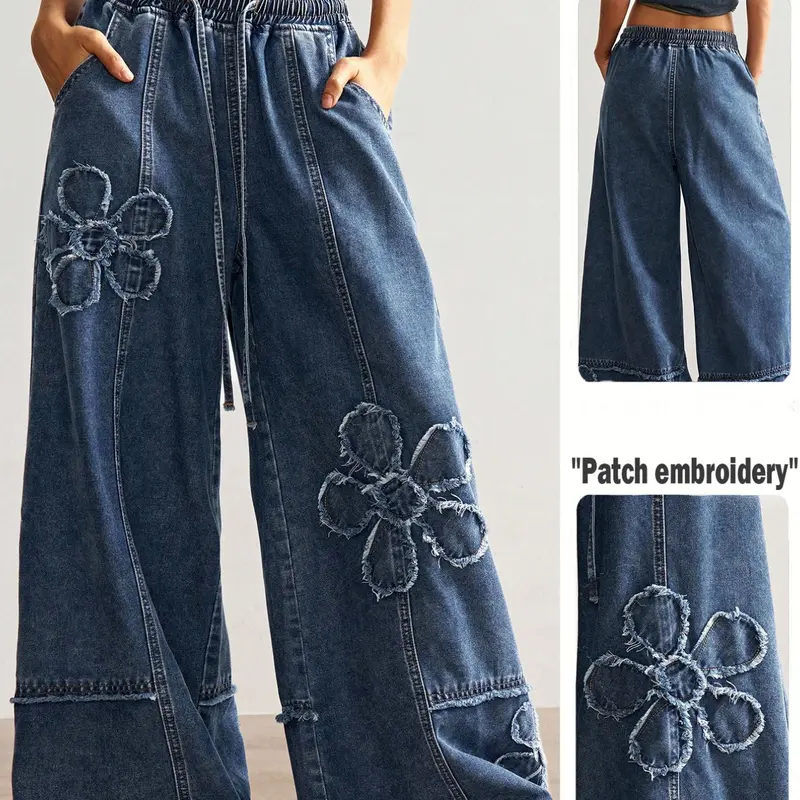 Boho Style Women's Casual Solid Wide Leg Jeans, Loose Fit Denim Jeans with Pattern Embroidery, Comfortable and Stylish Everyday Wear