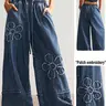 Boho Style Women's Casual Solid Wide Leg Jeans, Loose Fit Denim Jeans with Pattern Embroidery, Comfortable and Stylish Everyday Wear