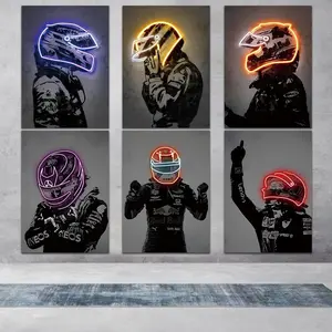 Framed Neon Style Wall Arts,Motorcycle Racing Posters,Formula One Drivers Canvas Prints ,Racing Helmet Wall Decor Canvas Art Print,For Living Room Bedroom Garage Gift