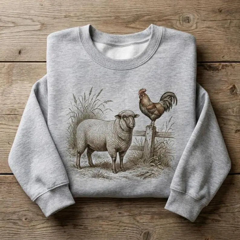 Vintage Shirt Sheep Rooster Tee Sweatshirt Hoodie Unisex Cottagecore Farmhouse Animals Graphic Crewneck Retro Country Nature Lover Gift