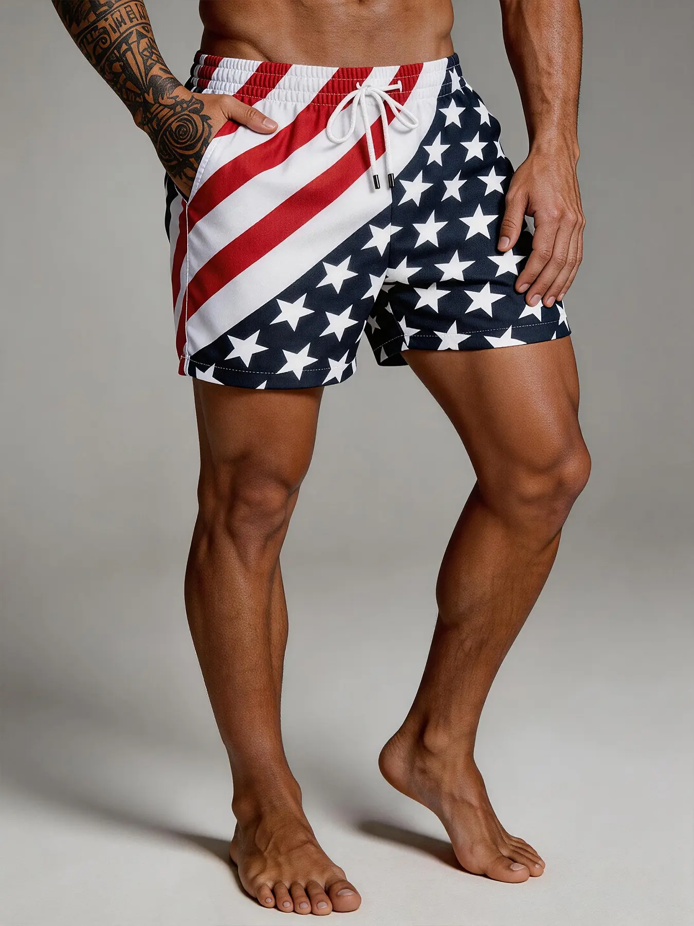 Men's American Flag Print Swim Trunks, Swimsuit Shorts, Swimwear Shorts, Quick-Dry Board Shorts with Mesh Lining, Elastic Waist Drawstring Beach Shorts for Summer, Summer Swim Bottoms
