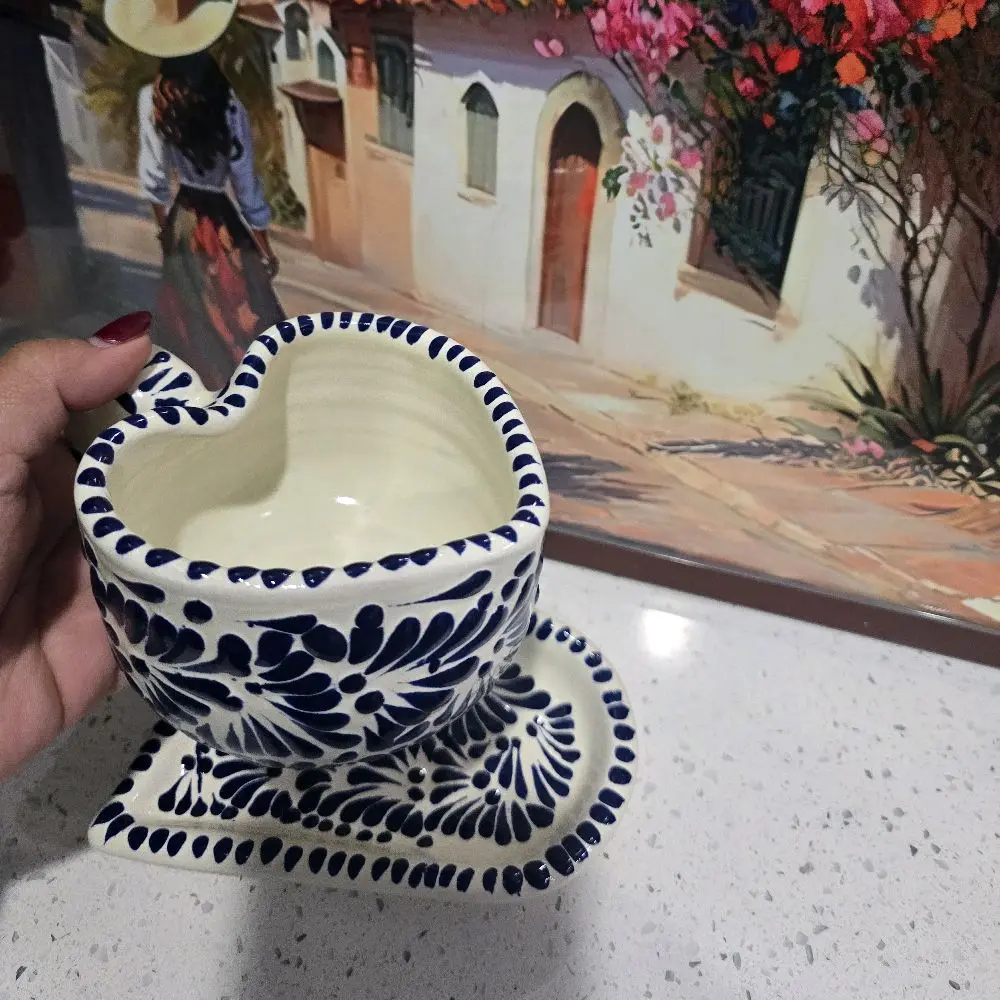 Talavera Blue Heart Mug with plate set