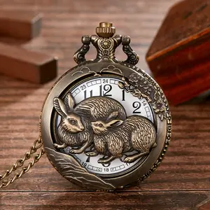 Bronze Pocket Watch Rabbit Quartz Pocket Watch Pendant Necklace Chain Clock Unisex Gifts with Steampunk Accessory