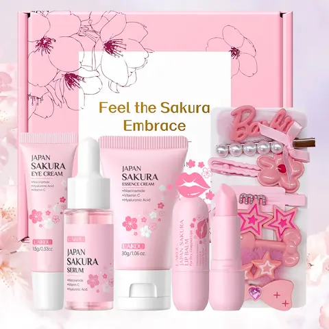 Laikou Sakura Facial Care Set, Moisturizing Revitalizing Set, Moisturizing Hydrating Kit, Serum 17ML + Eye Cream 15g + Essence Balm 30g + Lip Softening Balms 3.5gx2, Includes Makeup Mirror & Hair Accessories, Lip Kit Sets
