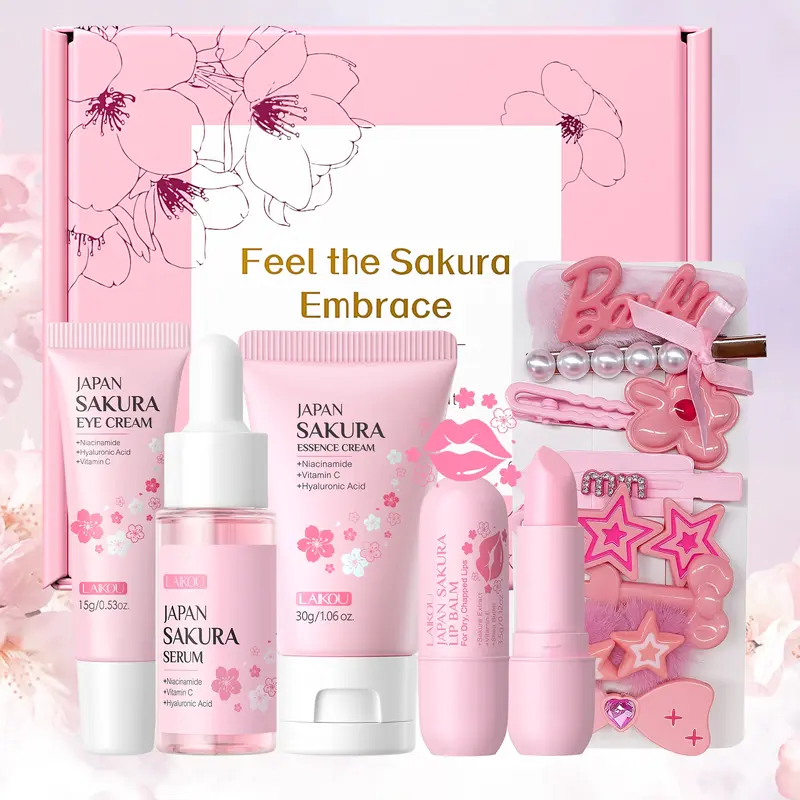 Laikou Sakura Facial Care Set, Moisturizing Revitalizing Set, Moisturizing Hydrating Kit, Serum 17ML + Eye Cream 15g + Essence Balm 30g + Lip Softening Balms 3.5gx2, Includes Makeup Mirror & Hair Accessories, Lip Kit Sets
