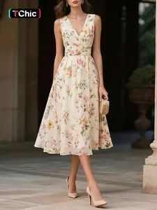 Elegant Vintage Floral Print Sleeveless Dress with Zipper, Casual Ruffled Style for Spring Summer Autumn, Women's Chic Dress