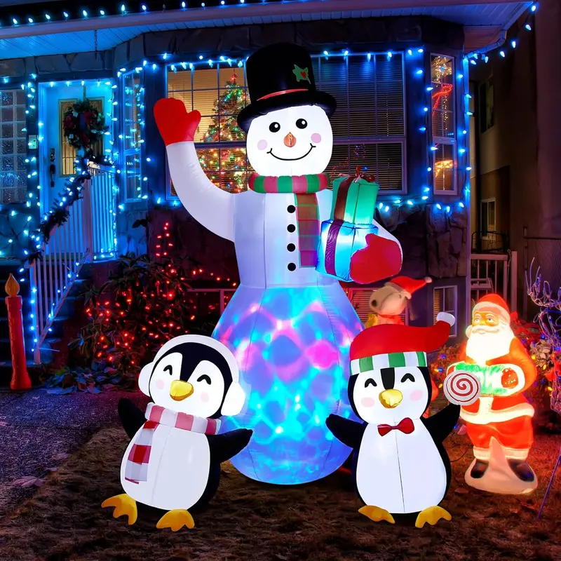 Christmas Inflatables Outdoor Decorations, 8 FT Inflatable Snowman with Penguins, Blow Up Xmas Decorations Clearance Indoor Outdoor Yard Patio Lawn Decor with LED Christmas Lights