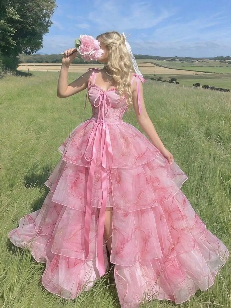 Women's Floral Tulle High Low Dress, Bow Strap Cottagecore Maxi Dress with Detachable Layered Skirt, Elegant Wedding Guest, Garden Party & Summer Dress