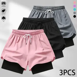 3-piece set: women’s casual shorts, faux two-piece design, solid color; suitable for yoga, fitness training, and running; summer clothing, women’s summer wear; gift