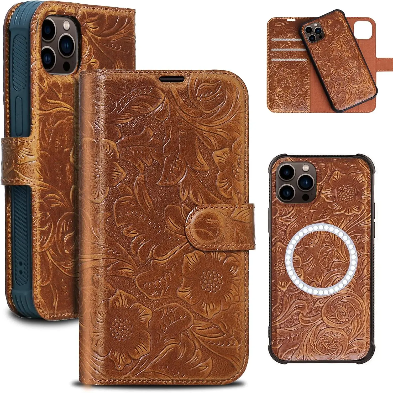 Leather Case Compatible with iPhone 14 Pro Wallet 6.1",Genuine Leather 2-in-1 Magnetic Detachable Shockproof Case,Flip Folio Cover with Card Slot,Wireless Charging [RFID Blocking] Brown