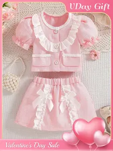 Girls' skirt set, Special gift set, new spring and summer clothing for baby girls, pink three-dimensional bow solid color bubble sleeve skirt set, suitable for important occasions such as parties, baby girl birthday gifts