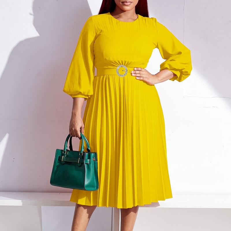 Women’s Pleated Midi Dress with 3/4 Puff Sleeves, Round Neck and Ring-Buckle Belted Waist, A-Line Silhouette with Back Keyhole — Elegant Choice for Work, Church & Wedding Guests