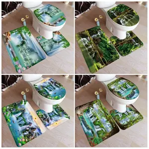 Chinese Style Landscape Bath Mat Set Natural Forest Waterfall Swan Lotus Rustic Scenery Bathroom Decor U-Mats Toilet Lid Cover