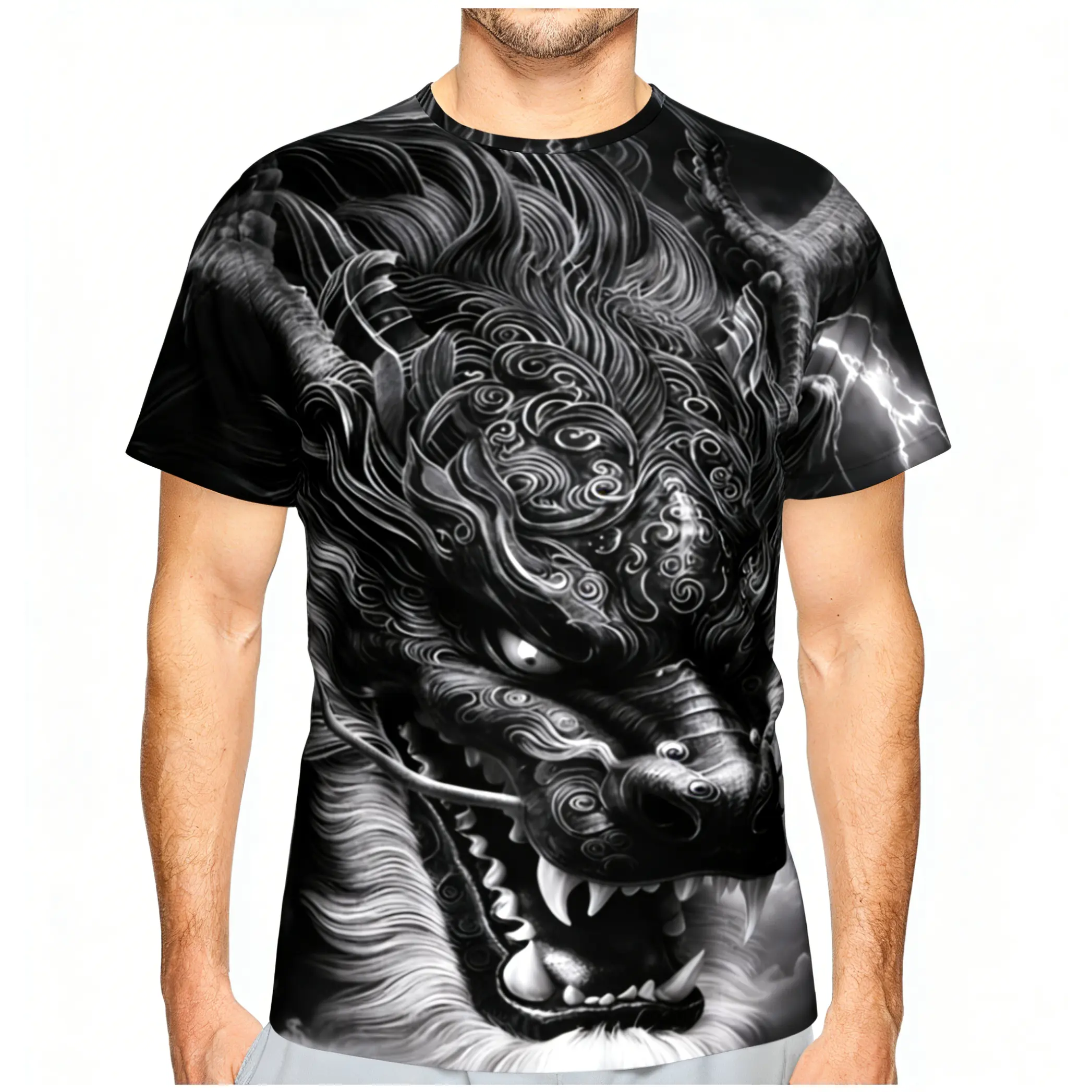 Black & White Mythical Eastern Dragon Print Unisex T-Shirt, Lightning Storm Fantasy Graphic Tee, Ornate Traditional Creature All-Over Print Short Sleeve, Edgy Streetwear Top