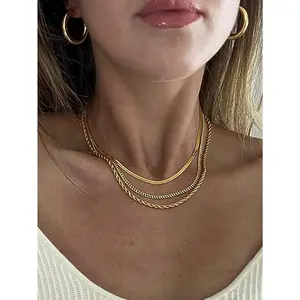 3pcs 14K Gold Plated Jewelry Set For Women - Waterproof Non-Fading Stainless Steel Necklace Set (Herringbone Chain, Snake Chain, Layered Necklace) - Stylish Gift For Her, Birthday Christmas Valentine's Day