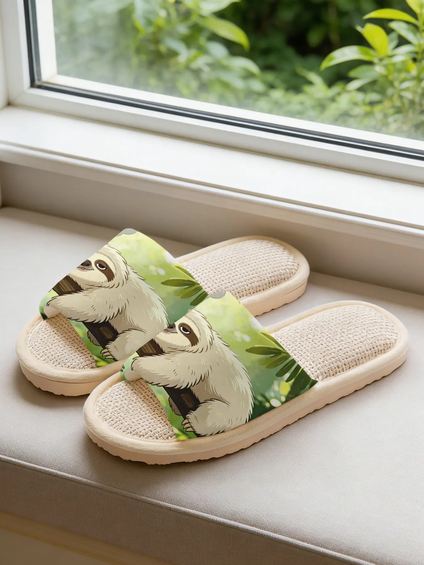 Women's Cute Sloth Print Linen Slippers, Breathable Cloud Soft Sole Anti-Slip Silent, Home Use All Seasons, Casual Textile Footwear