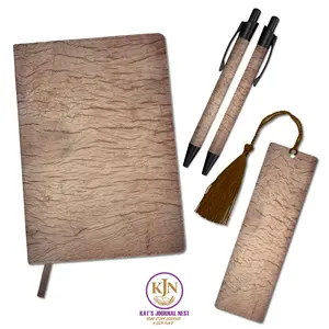 Grain & Grace Wood Grain PU Leather Journal Essentials Bundle – Personalized Engraved‑Look Name Notebook with Pens & Bookmark  Kat’s Journal Nest