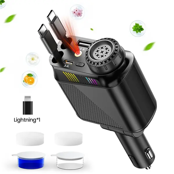 120W Super Fast Car Charger & Aromatherapy Diffuser with Starry Sky Lamp,PD3.0 USB-C Charging Station with 2 Retractable Cables & 2 USB Ports,7-in-1 Multi-Device Hub & Car Air Freshener with LED Light ,Compatible with All Phones