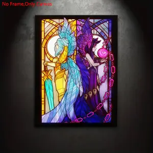 1 piece/set frameless canvas painting print poster, classic stained glass style art, Modern Cool Design, Kayle and Morgana, a perfect gift for video game enthusiasts, ideal gift for bedroom, living room, wall decoration