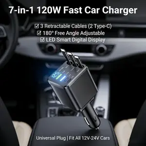 120W Fast Retractable Car Charger, Built-in 3 Retractable Charging Cables, Compatible with Multiple Fast Charging Protocols for Apple And Android, 13.8V Stable Output, Compact Design Saves Space, Ideal for Long Trips And Daily Commute