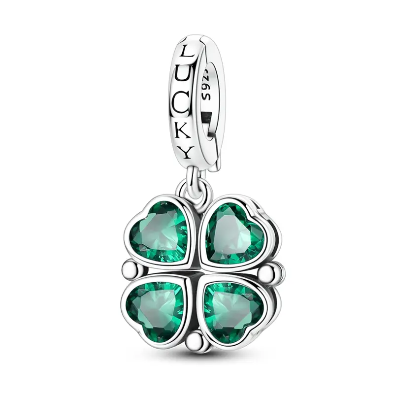 MULA Women's 4-Leaf Clover Charm, Silver-Plated with Green Heart Stones, Engraved 'LUCKY' Good Luck Pendant for St. Patrick's Day Celebrations, Thoughtful Birthday Gift, Emerald Green Cubic Zirconia, Jewelry For Women