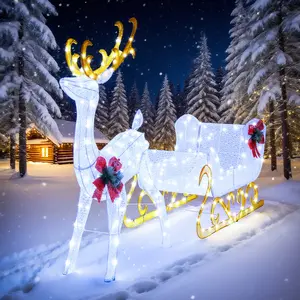 COSTWAY - 6 Feet Christmas Lighted Reindeer and Santa's Sleigh Decoration with 4 Stakes-White
