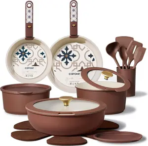 CAROTE 21Pcs Ceramic Cookware Set, Pots and Pans Set Non stick, Non Toxic Cookware Detachable Handle, Kitchen Cooking Set - Induction Cookware, Dishwasher/Oven Safe, PFAS Free, Chocolate
