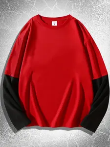 Men's Regular Fit Contrast Trim Long Sleeve Graphic Tee, Casual Comfy Round Neck T-shirt for Daily Wear, Men's Top for All Seasons