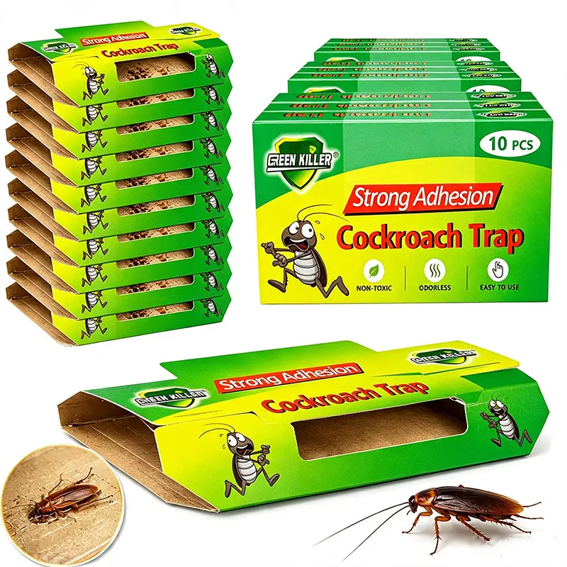 10-pack of sticky cockroach traps, contains food attractant, non-toxic, odorless, compact and portable, suitable for household pest control, pet and child safe, suitable for daily use.