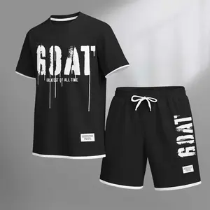 Men's Goat Splashed ink Print Drawstring Shorts Set For Spring/Summer. A Casual Summer Outfit, Including A Short-Sleeved Shirt And Shorts, Suitable For Everyday Wear And Sports. A Two-Piece Set For A Relaxed And Energetic Lifestyle.