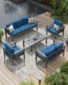 【3 packages arrived at different times】5-Piece Aluminum Patio Furniture Set, 7 Seats Modern Metal Sectional Conversation Sofa with Coffee Table, All-Weather Outdoor Furniture