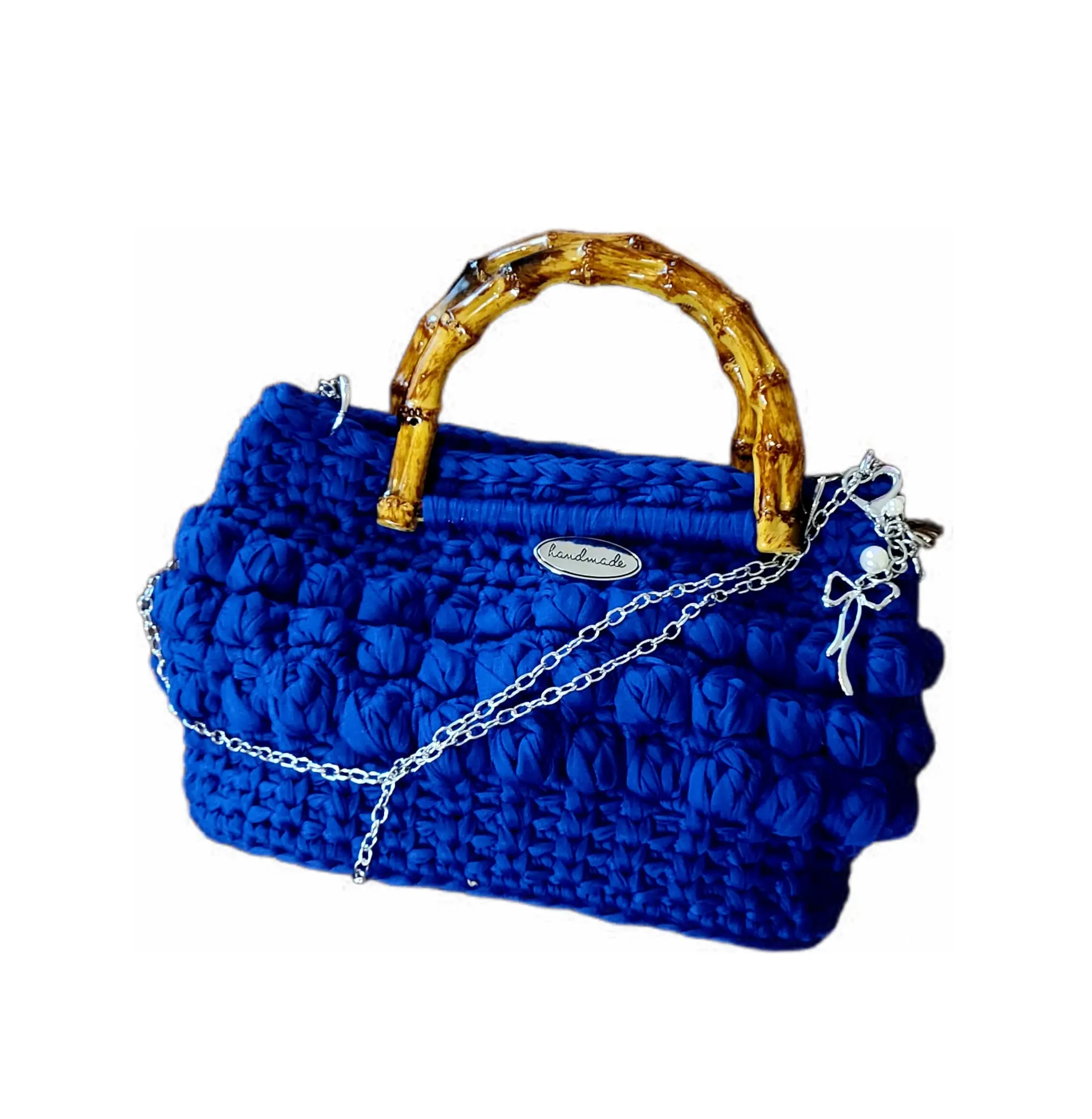 Royal Blue Handmade Woven Bag, Minimalist Crochet Texture Evening Purse for Women with Bamboo Top Handle, Lightweight & Structured, Made To Order, Plain, Elegant, Handwoven Crochet Texture, Top Handle Bamboo, Removable Silver Chain, Stylish Versatile Bag,