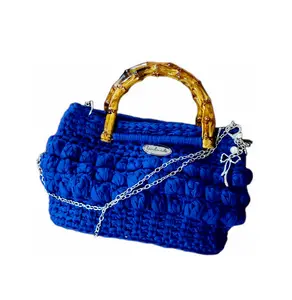 Royal Blue Handmade Crochet Bag with Bamboo Handle – Luxury Evening Shoulder Bag - Made to Order