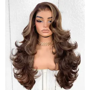 Butterfly Cut Lace Frontal Wig Ready to Wear,Synthetic Pre-Layered Pre-Plucked Pre-cut Heat resistant Flipped-Out Waves Effortless floating Waves For Black Women Beginners Friendly#26inch Mothers Day