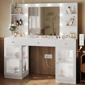 Makeup Vanity with Glass Top, White Vanity Desk with Mirror and Lights, Big Vanity with Drawers & Cabinets for Bedroom, Cute Vanity with Crystal Knobs & Power Outlet for Women