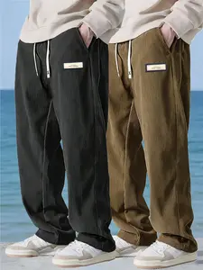 2-Pack Men's Casual American Barn Style Straight Leg Corduroy Pants, Vintage Fashion High Waist Slim Fit Wide Leg Trousers for All Seasons