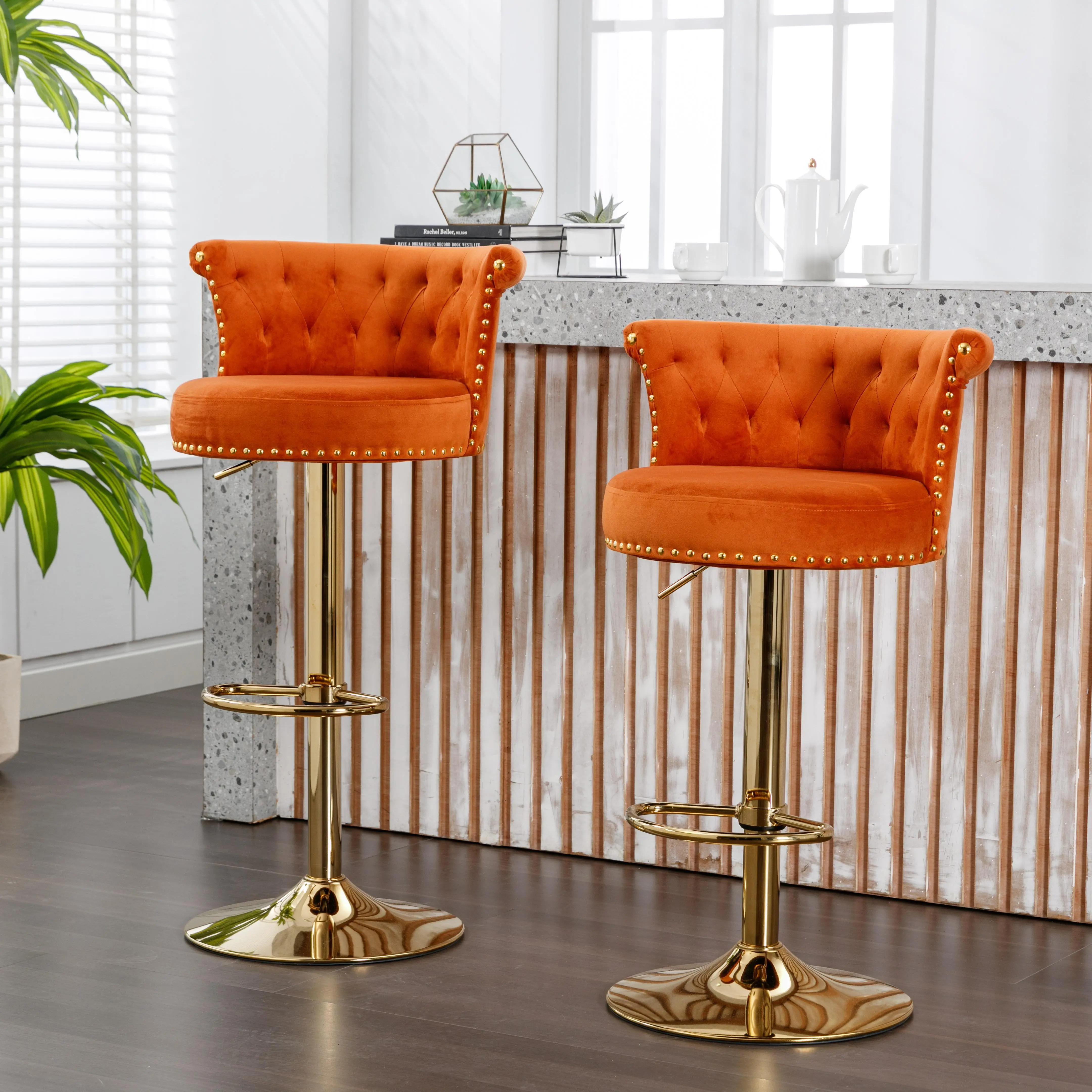 Modern Swivel Bar Stools Set of 2, Adjustable Counter Height Gold Barstools with Backs Upholstered Tufted Velvet Bar Chairs for Kitchen Island Counter Stools Taburetes Para Barra De Cocina (Set of 2)