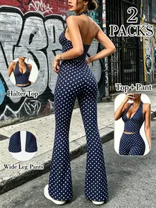Women's Polka Dot Halter Top and Wide Leg Pants Set, Deep V Neck Sleeveless Top + High Waist Bell Bottoms, Y2K Retro Style