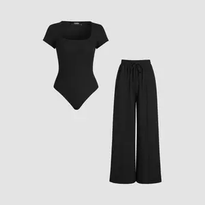 Cider [7 colors, size 0-26] U-neckline Bodysuit & Elastic Waist Wide Leg Pants Set