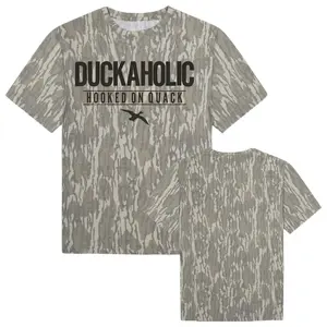 DUCKAHOLIC Camo Shirt With Black Block Lettering, Duck Flying Hunting Shirt, Mossy Oak Bottomland Style, Camouflage Apparel, Gift For Lovers, Gift For Him