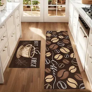 2Pcs Printed Kitchen Rug Coffee Cup Coffee Bean Mat Set Farmhouse Kitchen Carpet Restaurant Floor Laundry Room Decoration Carpet Mat