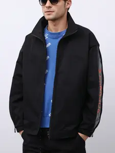 Men's Black Casual Jacket Urban Street Style Zip Up Lightweight Outerwear with Front Pockets & Orange Lettering on Sleeves
