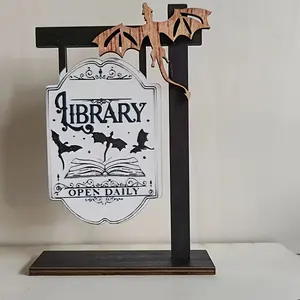 Wooden Bat & Dragon Bookshelf Sign, Mini Desktop Decoration, Halloween Home Office Shelf Decor, Reader Gift Idea, Vintage Plaque Decor