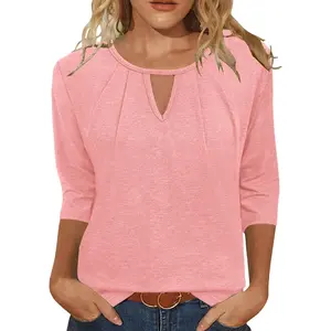 3/4 Length Sleeve Womens Tops Round Neck Casual Tunic Tops Basic Pleated Summer Shirts Loose Fit 2025 women