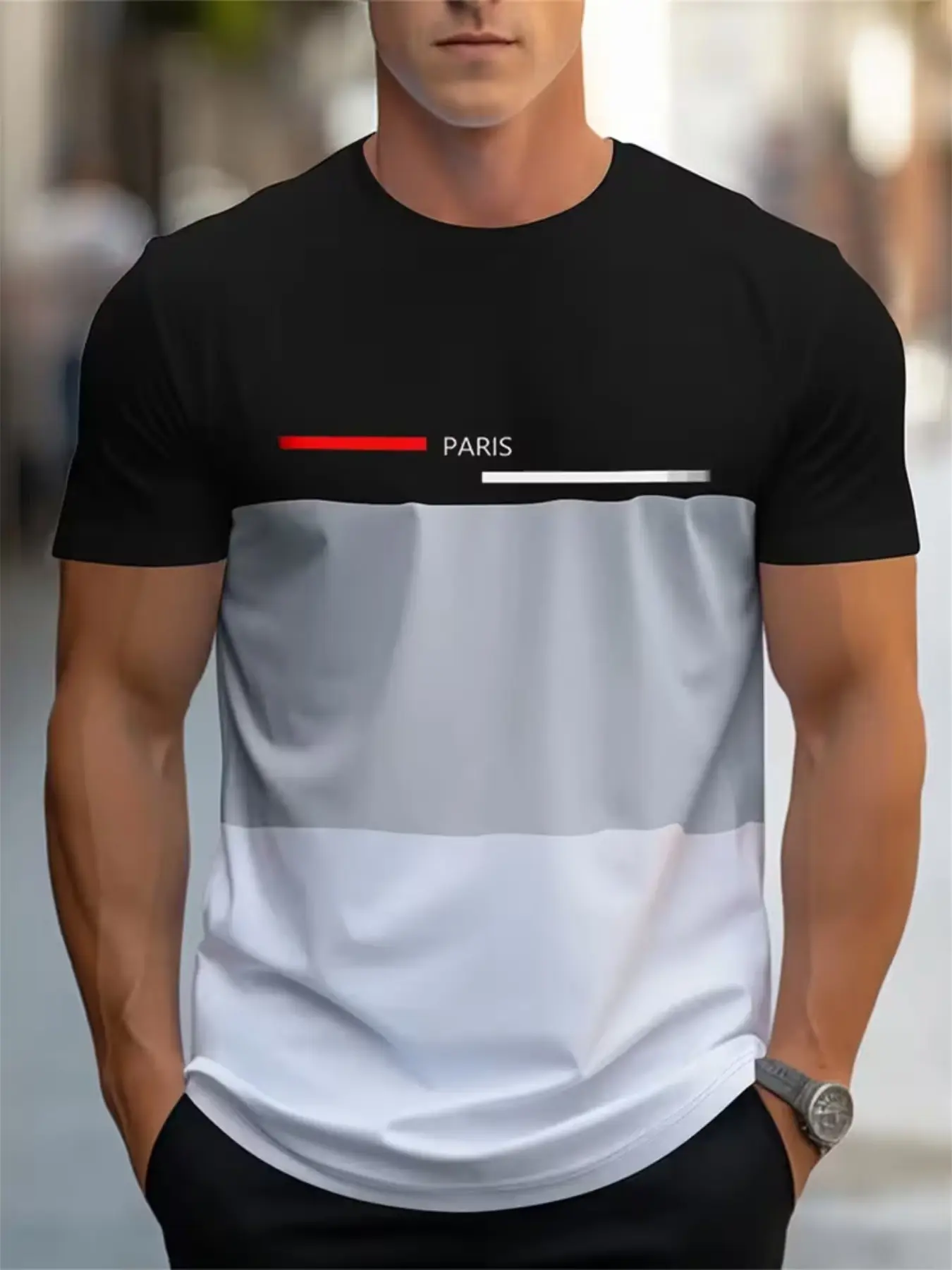 Men's 3D Paris Print Colorblock Classic T-Shirt, Casual Round Neck, Comfortable Summer Short Sleeve, Streetwear Design, Polyester Fiber, Top
