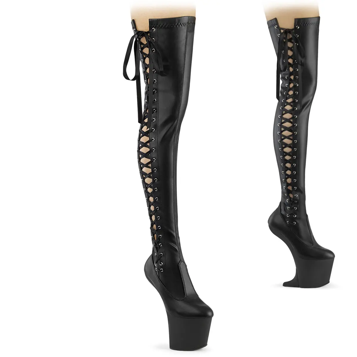 Thigh High Boots for Women, Heelless 8-Inch Platform in Stretch Faux Leather with Side Lace-Up and Convertible Wedge Heel, Footwear, Statement Shoes, Zip