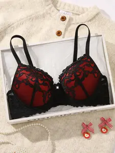 Women's Lace Color-Block Breathable Adjustable Thin-Strap Push-Up Bra Floral Lace Bow-Decorated Underwire Bra Suitable for Everyday Wear Women's Four-Season Underwear Lingerie