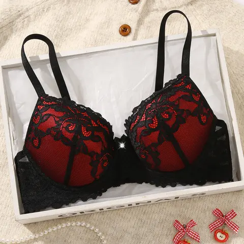 Women's Lace Color-Block Breathable Adjustable Thin-Strap Push-Up Bra Floral Lace Bow-Decorated Underwire Bra Suitable for Everyday Wear Women's Four-Season Underwear