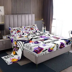 Feelyou Horror Theme Bedding Sheet Set - Breathable, Multi-Size, Unique Patterns (Witch Wine, Horror Skull Ghost, Bats, Cat, Crow, Pumpkin) - Flat & Fitted Deep-Pocket Sheets for Kids' Bedroom Decoration