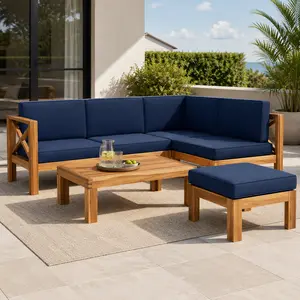 Super Patio Sectional Sofa Outdoor Sofa Set Patio Furniture 5 Piece Wooden Seating Group with Cushions, Natural Finish Wood Frame Blue Cushions for Backyard Garden Deck Poolside Porch Conversation Set Outdoor Seating